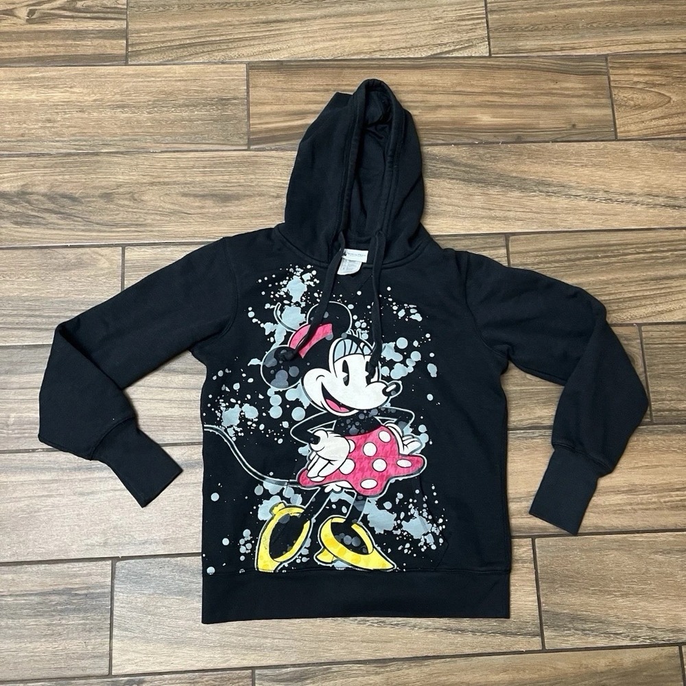 Disney Parks Minnie Mouse Hoodie Womens Medium Black Graphic Pullover Sweatshirt